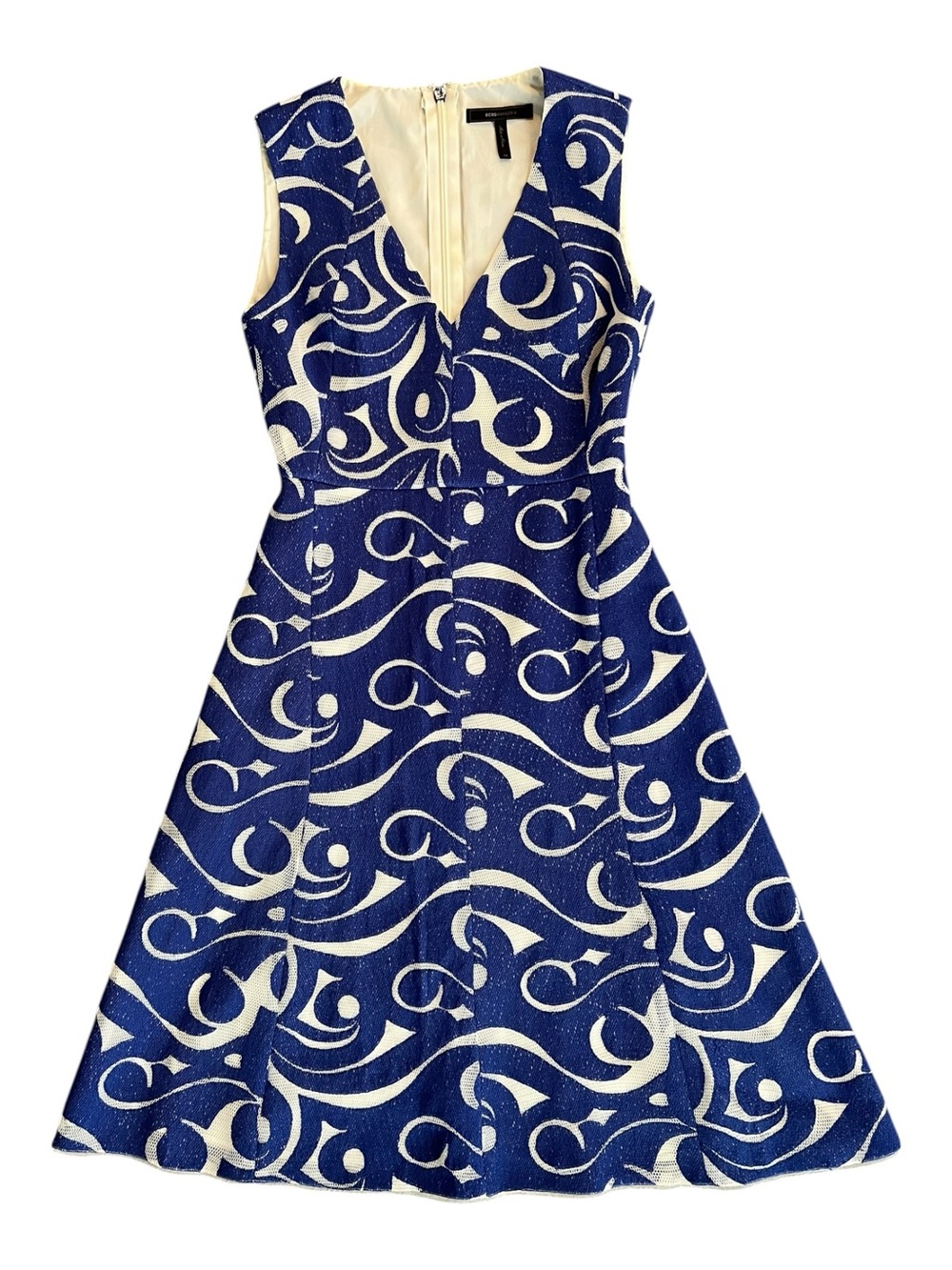 BCBGMaxAzria Blue and White V-Neck A-Line Dress Size 4
